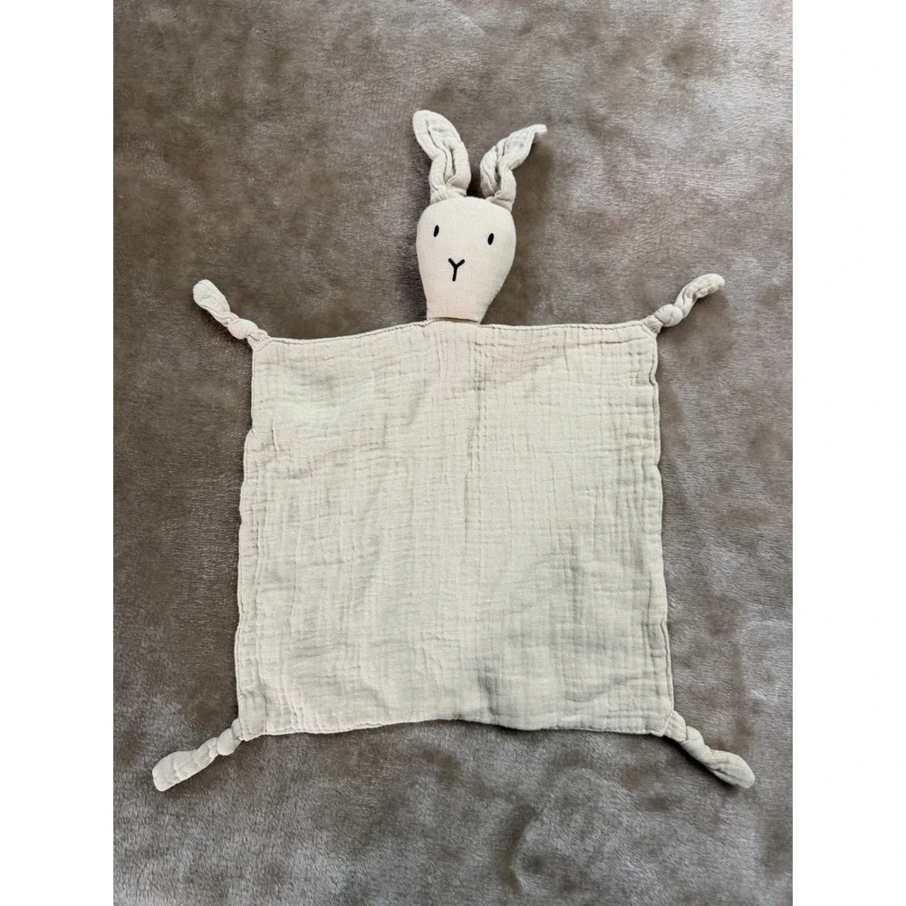 Rabbit Lovey Security Blanket Muslin Cotton Beige Knotted Corners